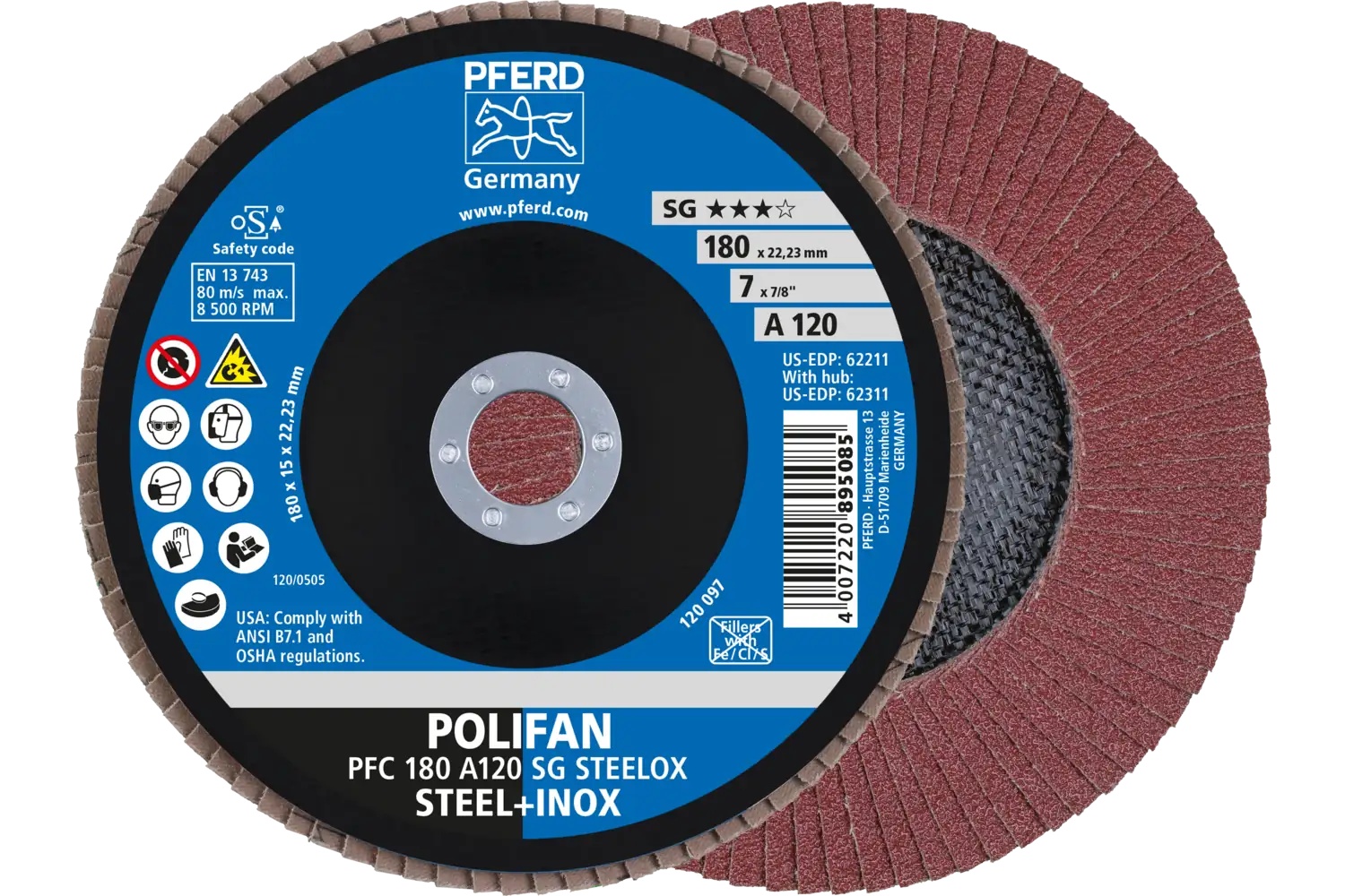Picture of Pferd Flap Disc, 7" x 7/8, A SG Steelox, 120 Grit, T29, Conical, Aluminum oxide